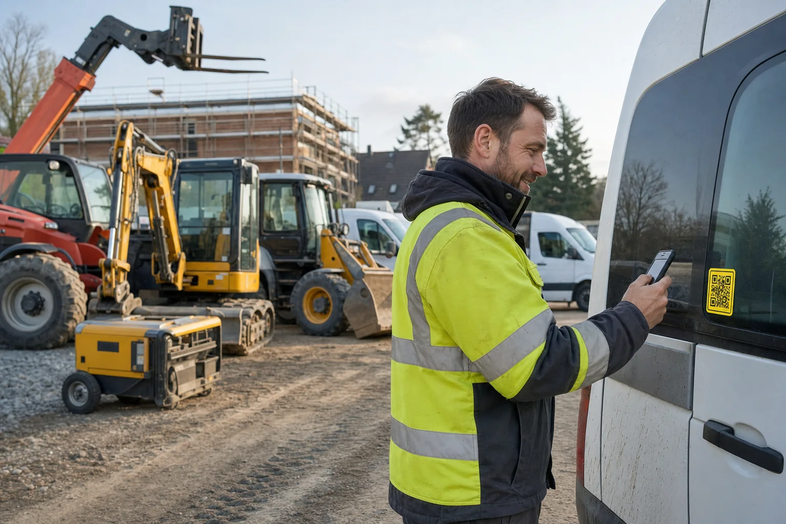 Bauarbeiter scannt QR-Code am Transporter neben Bagger Radlader und Manitou