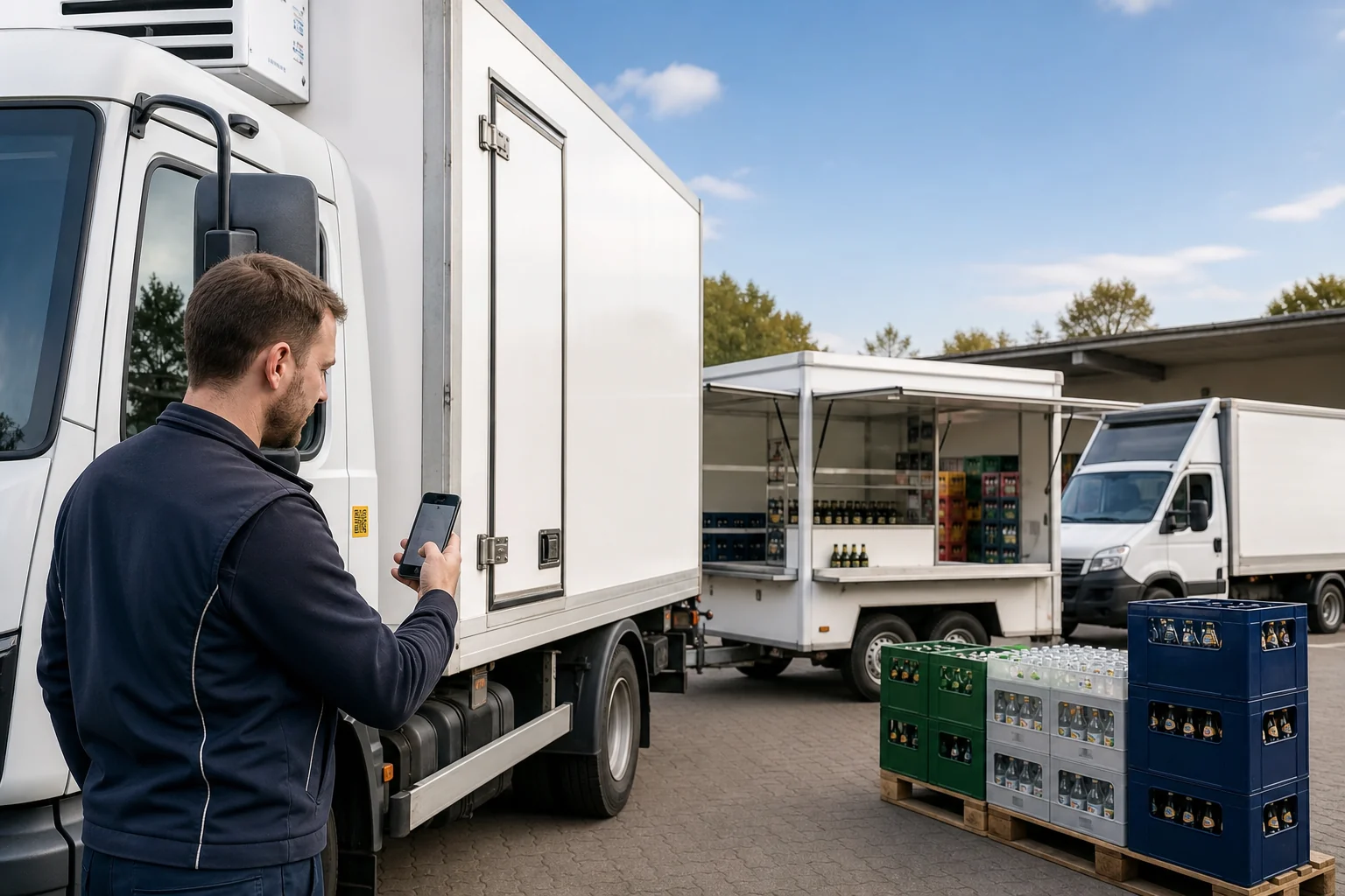 Mitarbeiter scannt einen QR-Code an einem Kühlwagen neben einem Verkaufswagen