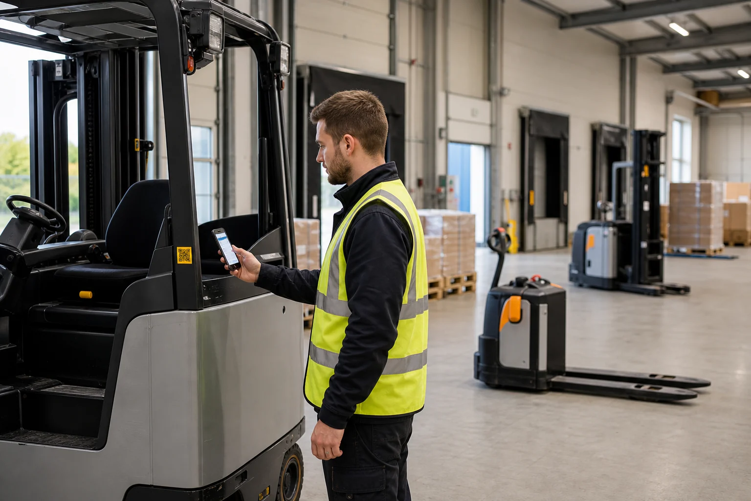 Lagermitarbeiter scannt einen QR-Code an einem Gabelstapler
