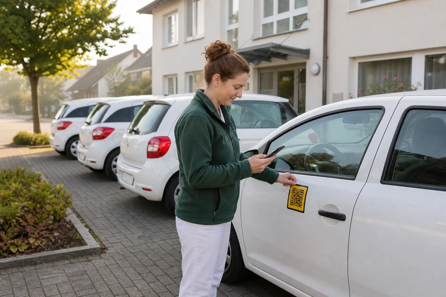 Pflegekraft scannt QR-Code an einem Pflegefahrzeug