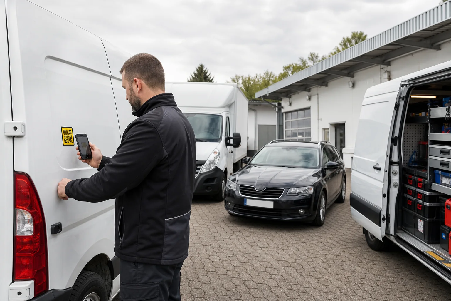 Fahrer scannt QR-Code an einem Lieferfahrzeug im Betriebshof