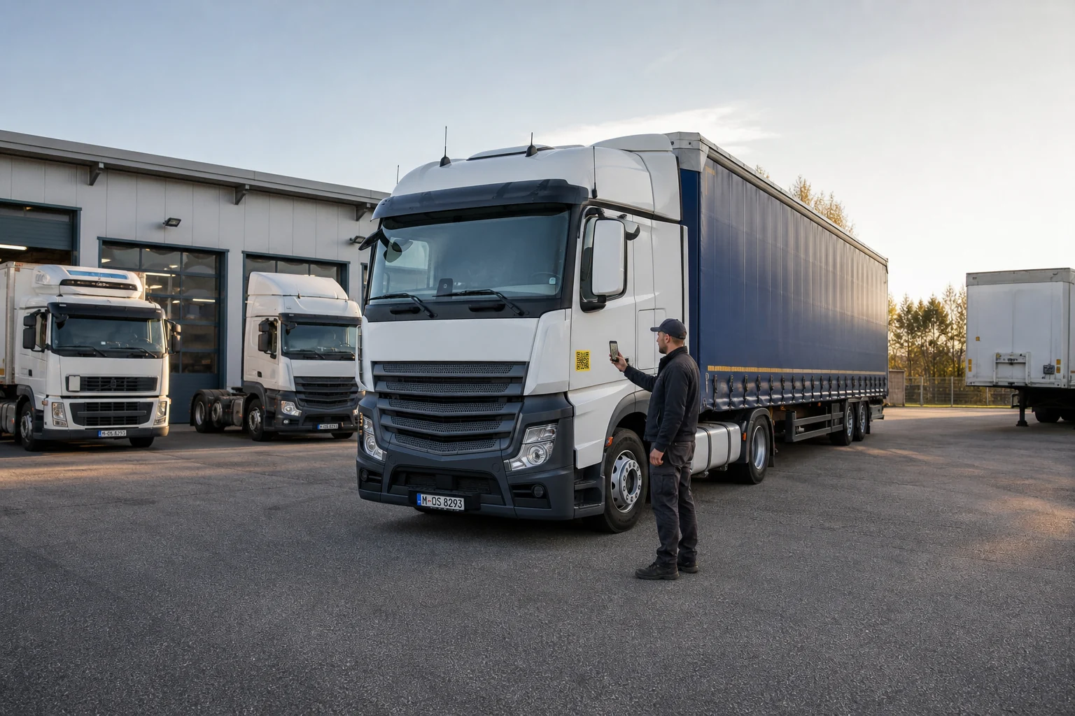Lkw-Fahrer scannt einen QR-Code an einer Sattelzugmaschine mit Auflieger