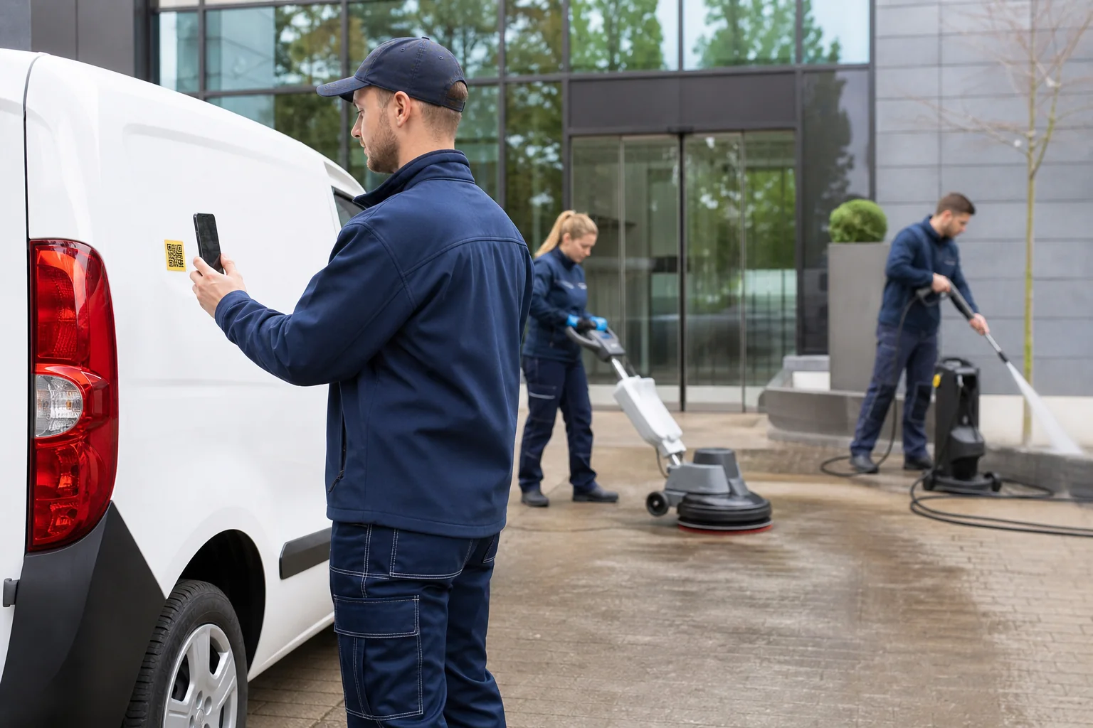 Gebäudereinigung am Servicefahrzeug