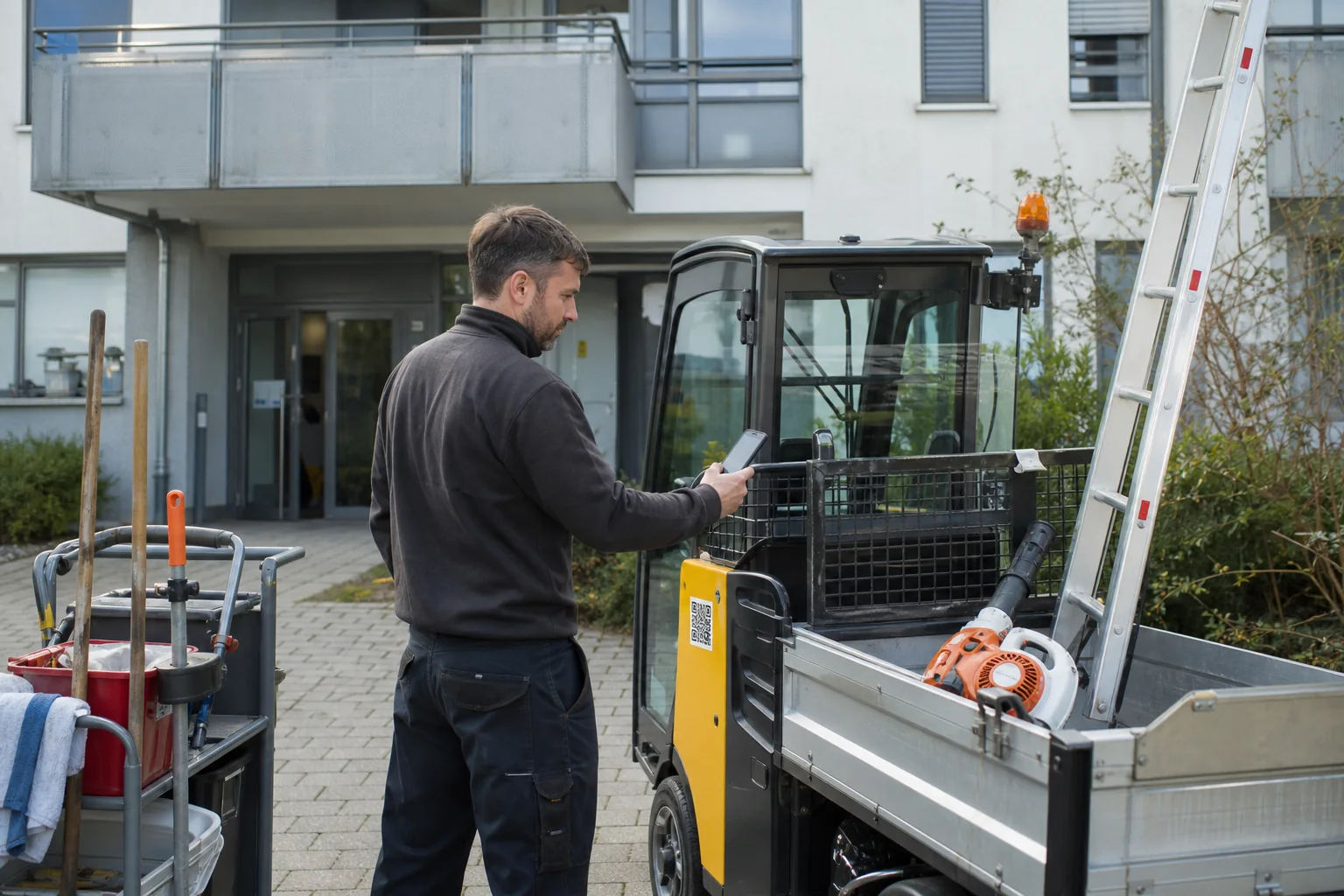 Hausmeisterdienst mit Fahrzeug und Geräten